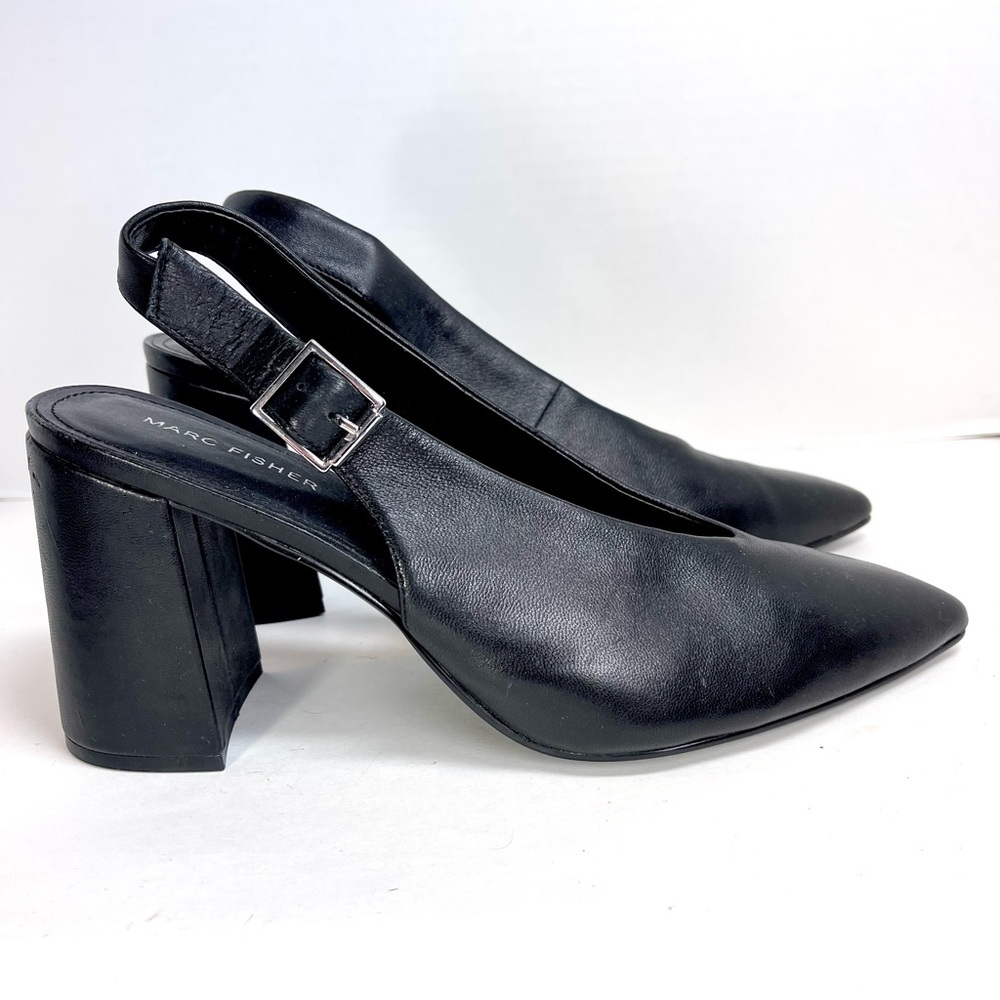 Marc Fisher Women’s Black Leather Slingback Pointed Toe Block Heels Size‎ 10M